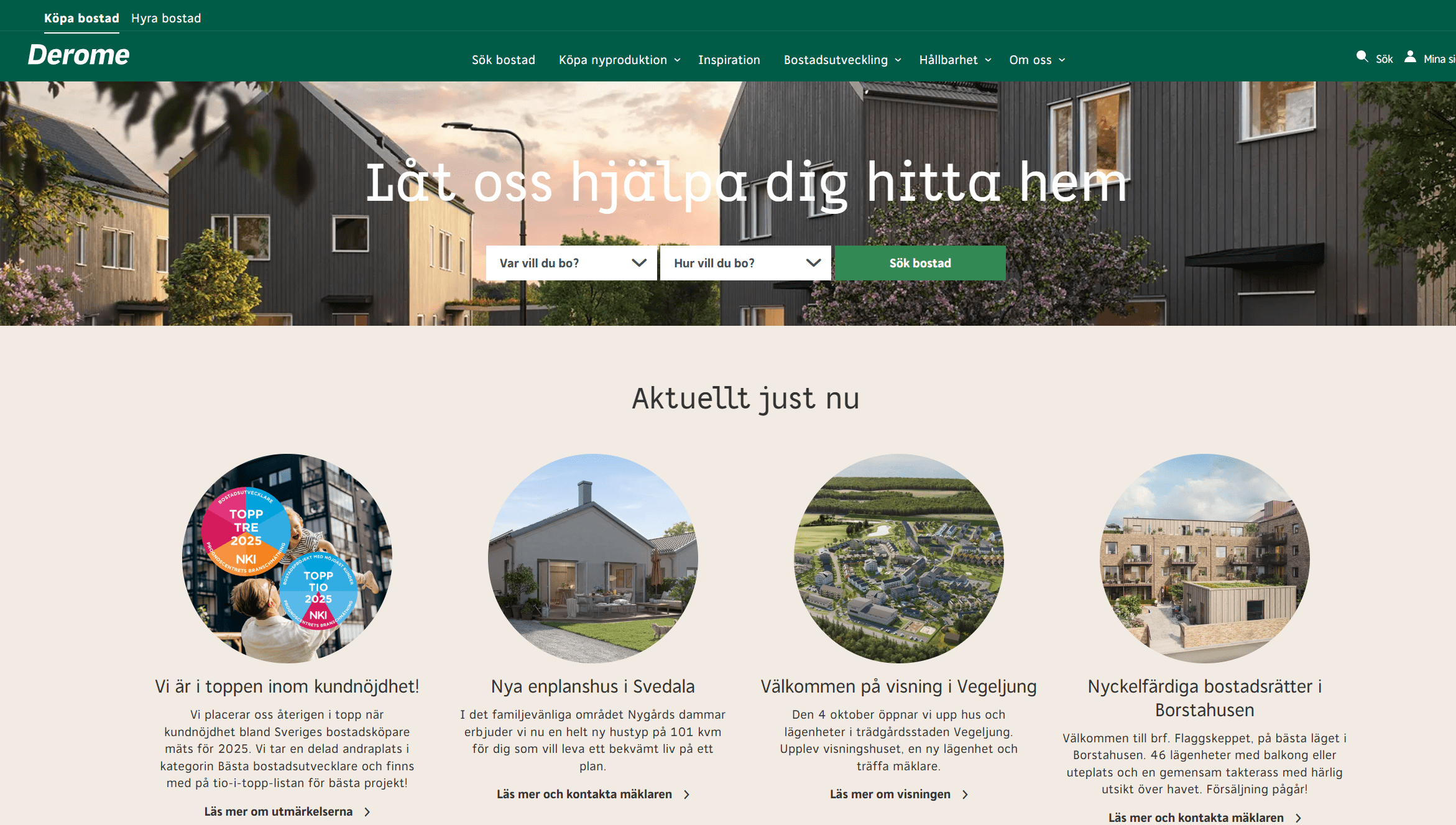 Herobanner med moderna bostadshus och texten 'Låt oss hjälpa dig hitta hem' samt sökfält i mitten.