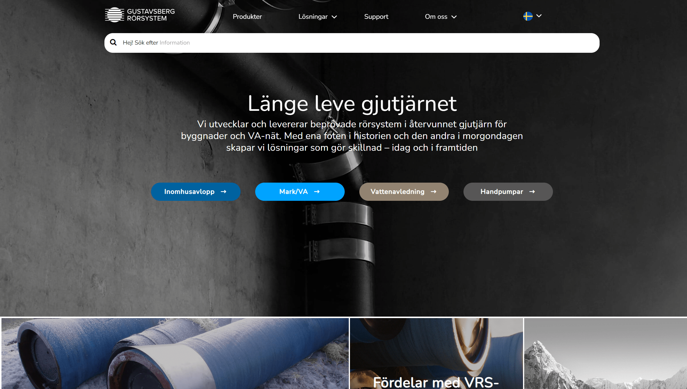 Hero banner for Gustavsberg Rörsystem: headline 'Länge leve gjutjärnet' with four CTA pills on a dark pipe background (Inomhusavlopp, Mark/VA, Vattenledning, Handpumpar).